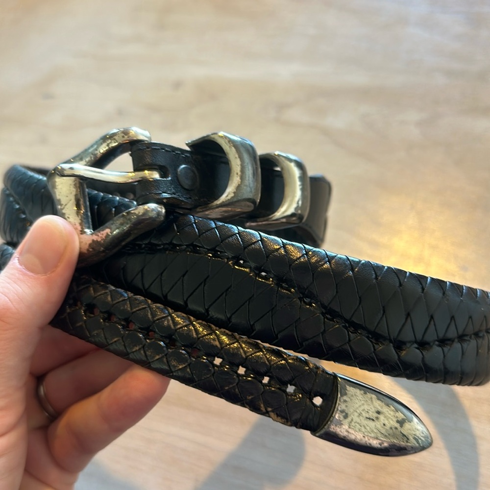 Black leather woven belt silver buckle 36